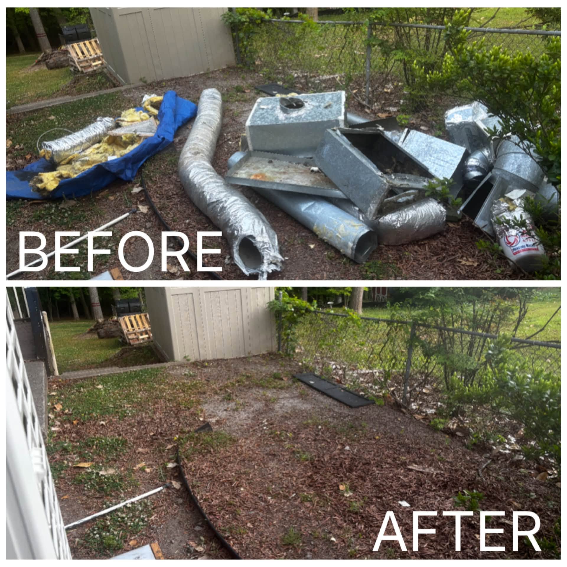 Before and after: backyard piled with old ductwork and insulation, then completely cleared by Like My Own Junk Removal