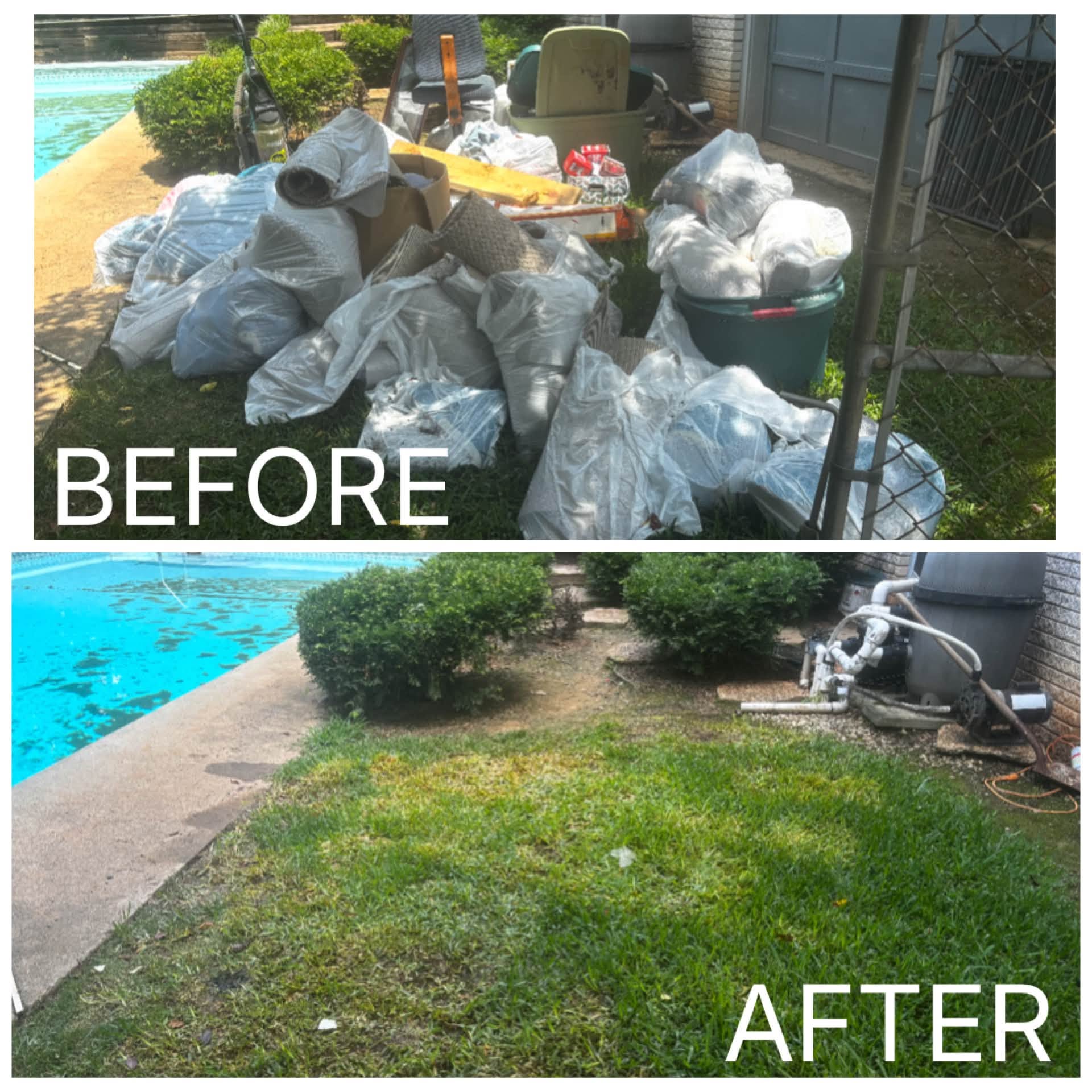 Before and after junk removal: bagged household junk beside a pool cleared away