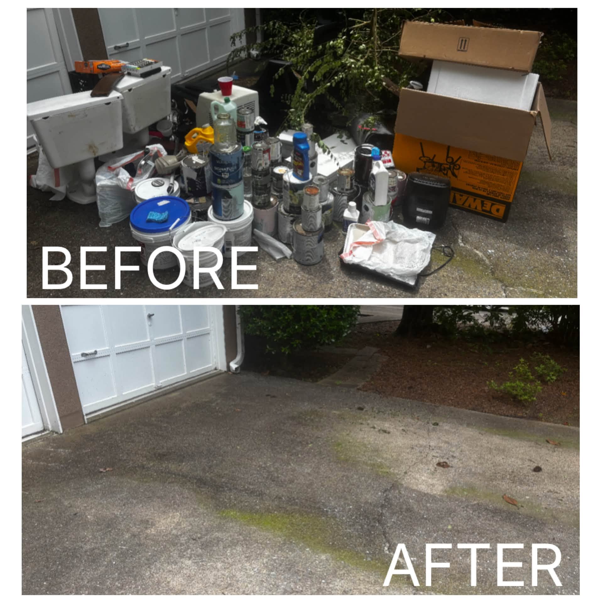 Before and after: driveway covered with old toilets, paint cans and boxes, then a clean empty driveway